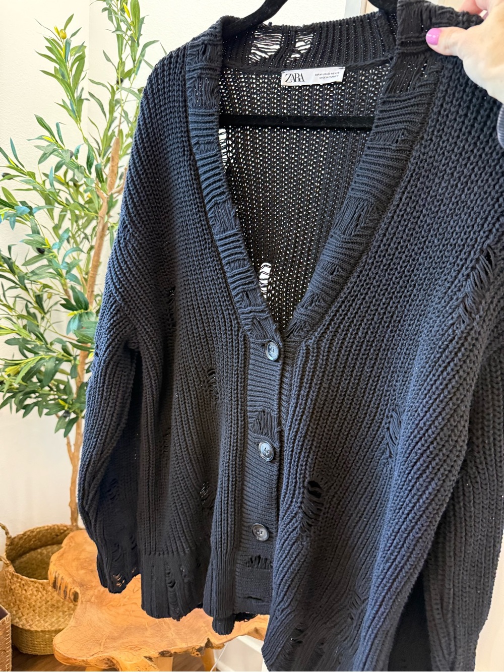 Zara Black Distressed Button-Up Knit Cardigan
